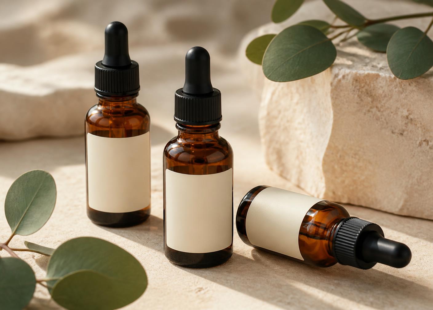 Amber glass dropper bottles of compounded Biofiniti serum on warm stone